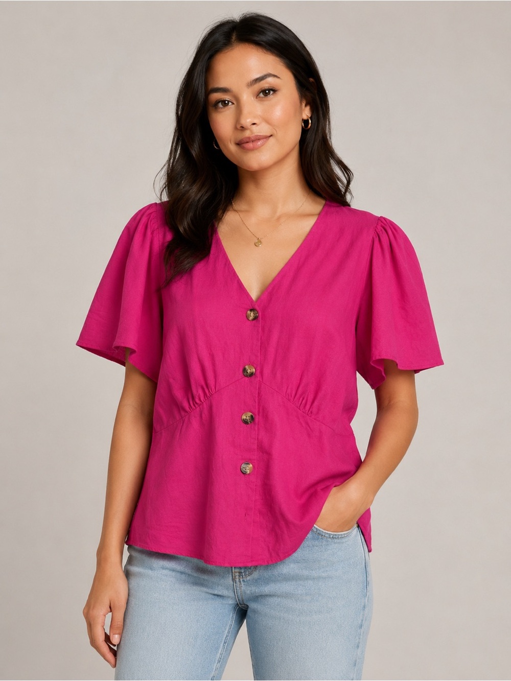 Dusk Pink Linen-Viscose Button-Front Blouse | Size 14